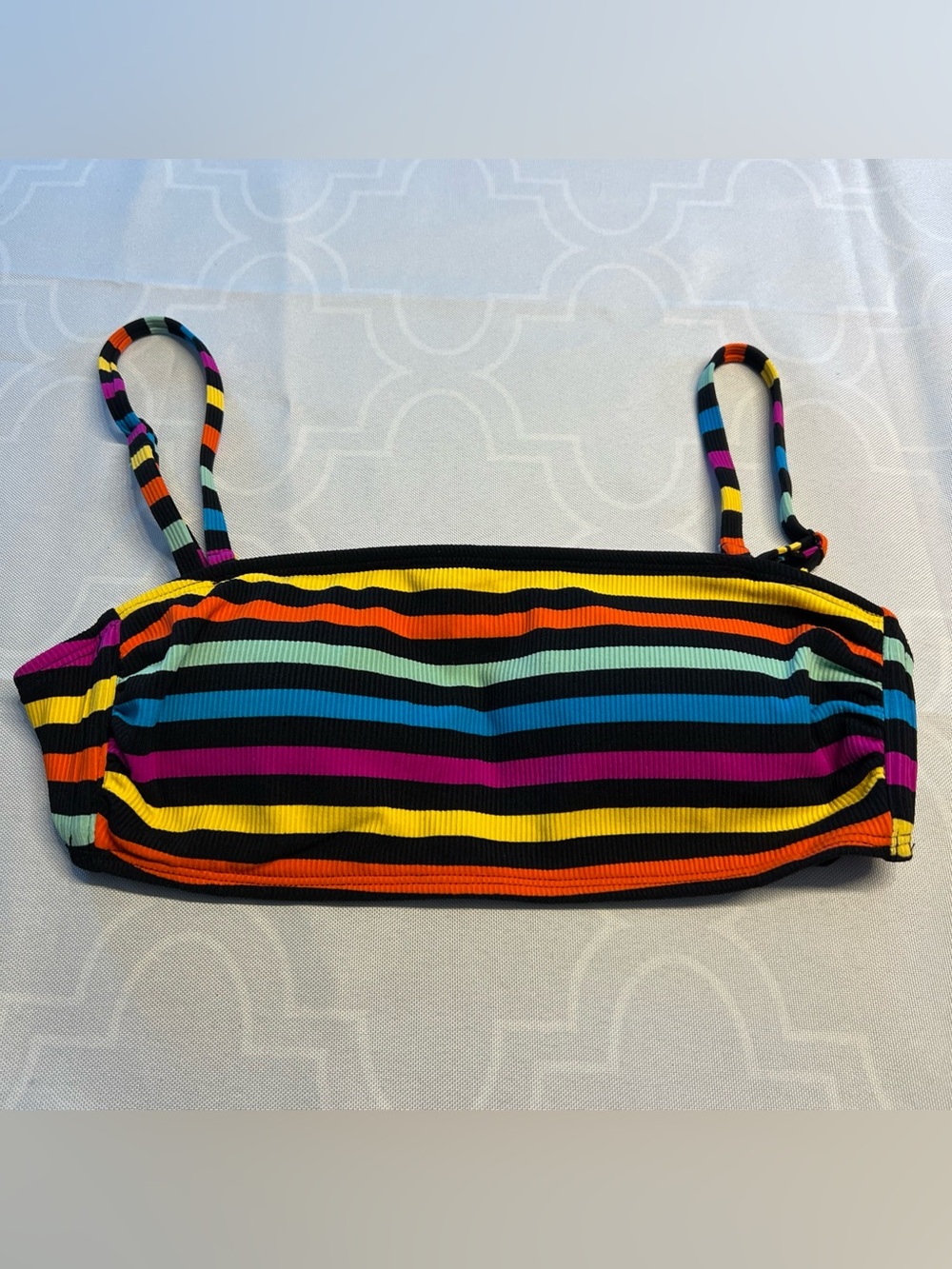Xhilaration Junior’s Medium Black Striped Bandeau Bikini Top with Neon Accents